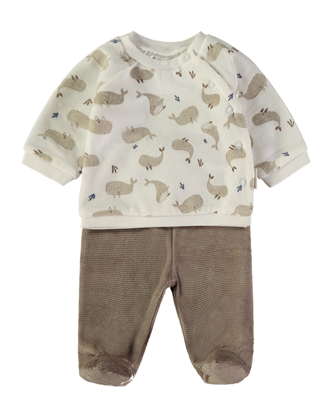 260009-C_000032_1 - Da-Da Kids Baby outfit: cream long-sleeve top with beige animal print and brown knitted pants with foot coverings.