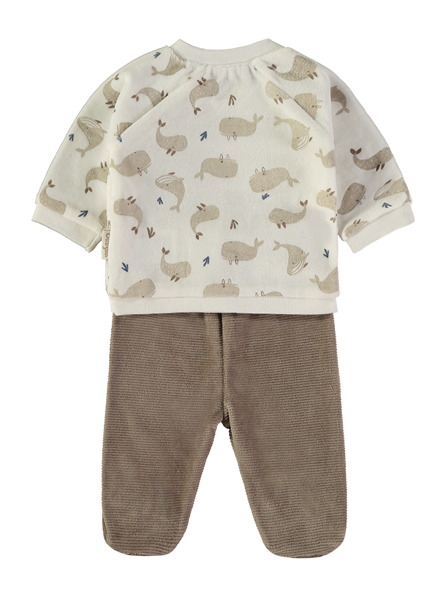260009-C_000032_2 - Da-Da Kids Baby outfit: cream long-sleeve top with beige hippo pattern paired with brown ribbed pants