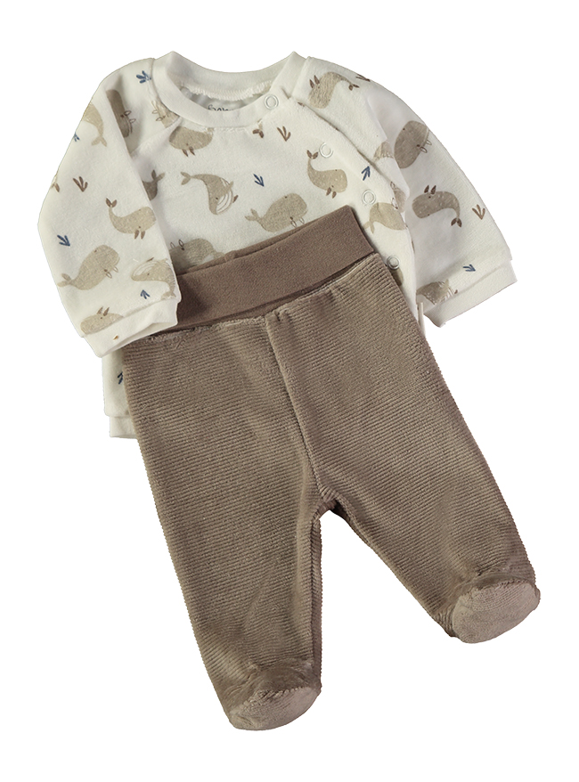 260009-C_000032_3 - Da-Da Kids Cream long-sleeve baby top with a whale pattern paired with brown ribbed footed pants set.