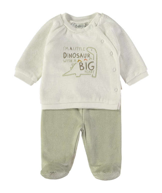 260012-C_000031_1 - Da-Da Kids Cream baby sweater with a dinosaur graphic and text 'I'm a little dinosaur with a big heart,' paired with light green pants.