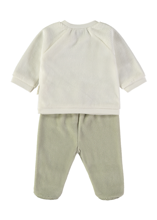 260012-C_000031_2 - Da-Da Kids Two-piece baby outfit: cream knit top with short sleeves and light gray knit pants on a white background.