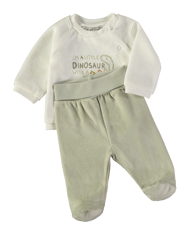 260012-C_000031_3 - Da-Da Kids Infant clothing set: white knitted long-sleeve top with a dinosaur graphic and pale green footed pants with an elastic waistband and cuffs on the feet