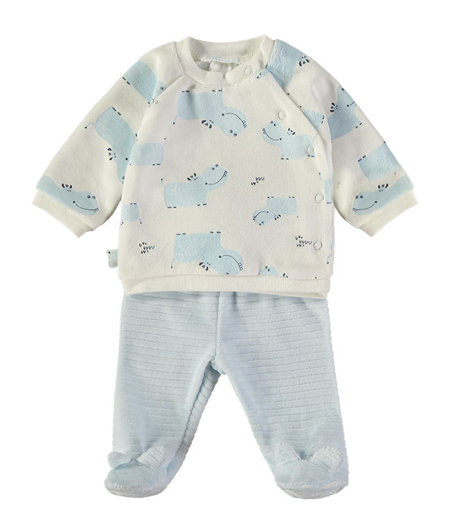 260016-C_000011_1 - Da-Da Kids Baby's cream fleece top with blue hippo pattern and light blue footed pants set.