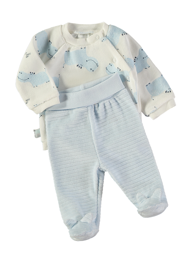 260016-C_000011_3 - Da-Da Kids Two-piece baby outfit: whale-pattern cream cardigan and light blue ribbed footed pants