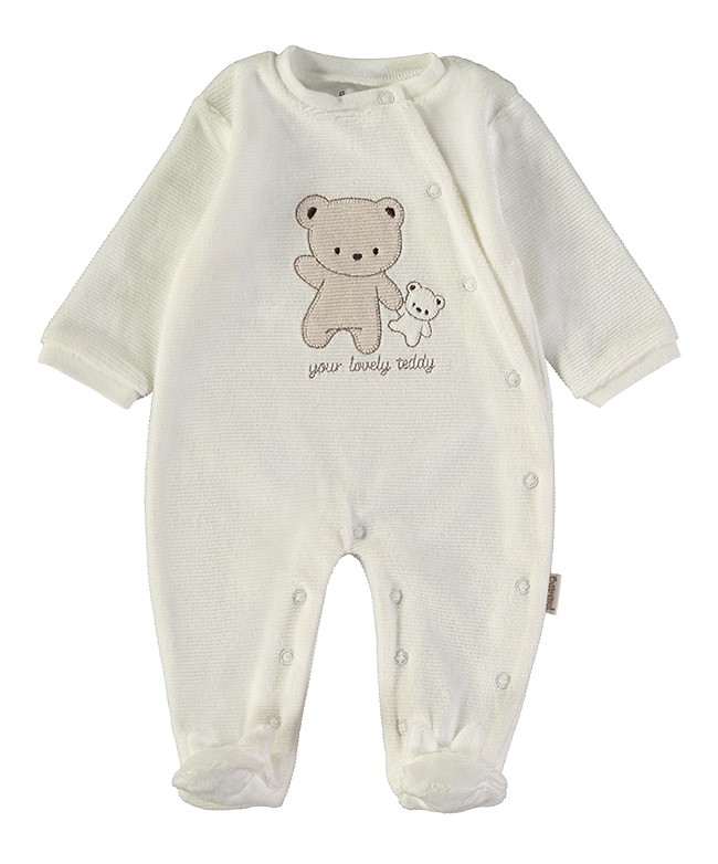 260031-C_000001_1 - Da-Da Kids White baby onesie with a stitched teddy bear graphic and the words 'your lovely today' on the chest, side and leg snaps, footed design.