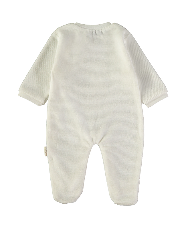 260031-C_000001_2 - Da-Da Kids Back view of a white knit baby onesie with long sleeves and closed feet, textured fabric
