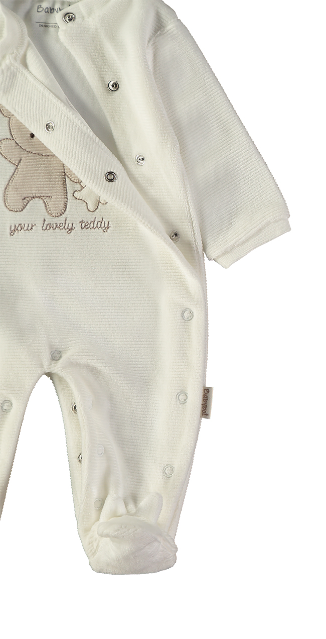 260031-C_000001_3 - Da-Da Kids White baby onesie with bear embroidery and snap closures along the front and leg area.