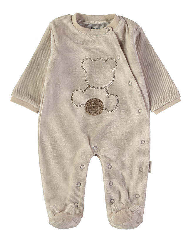 260032-C_000003_1 - Da-Da Kids Beige baby onesie with teddy bear embroidery on the chest, long sleeves and footed legs with snaps along the side and legs.