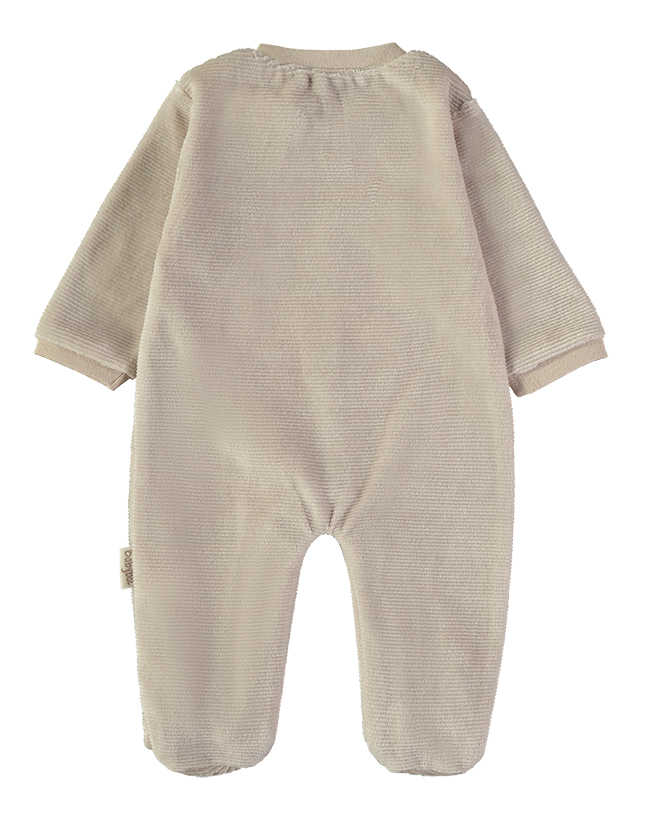 260032-C_000003_2 - Da-Da Kids Beige textured footed baby romper viewed from the back with long sleeves and a small side tag
