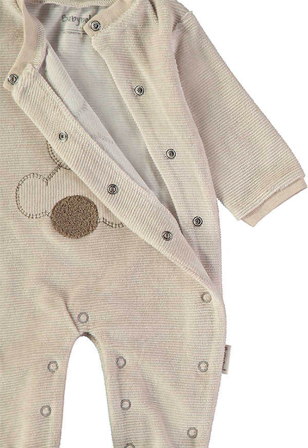 260032-C_000003_3 - Da-Da Kids Beige corduroy baby onesie with snaps along the front and legs and a stitched bear face on the chest.