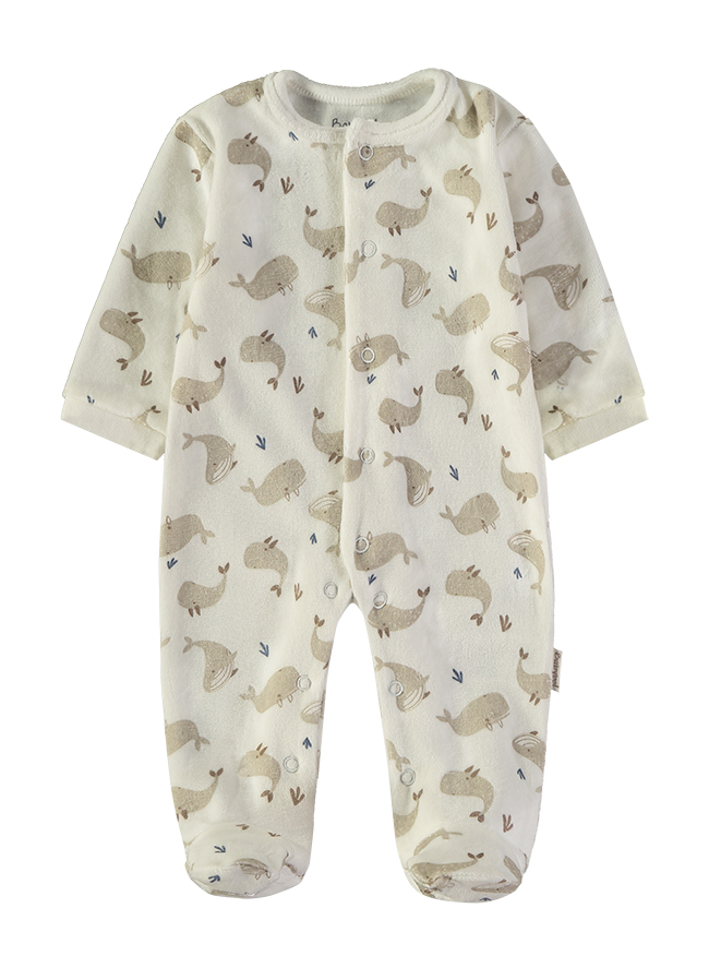 260033-P_000001_1 - Da-Da Kids Cream baby onesie with all-over beige whale pattern, footed, front snap closures.