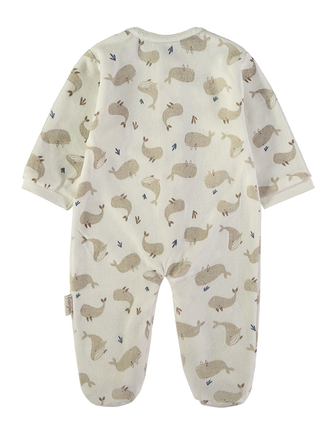 260033-P_000001_2 - Da-Da Kids Cream, footed baby romper with an allover beige hippo-like animal pattern.