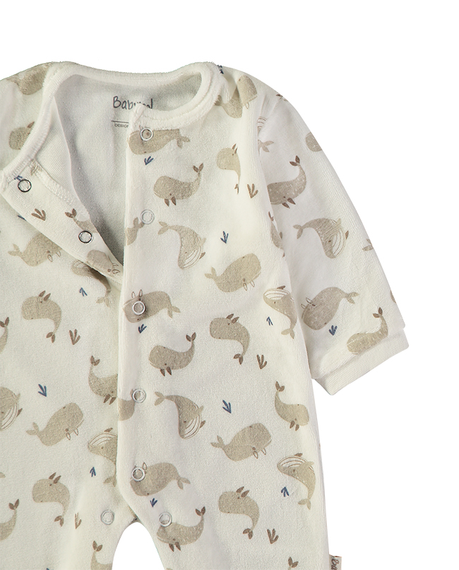 260033-P_000001_3 - Da-Da Kids Cream baby onesie with beige animal print, featuring snap closures along the front and short sleeves.