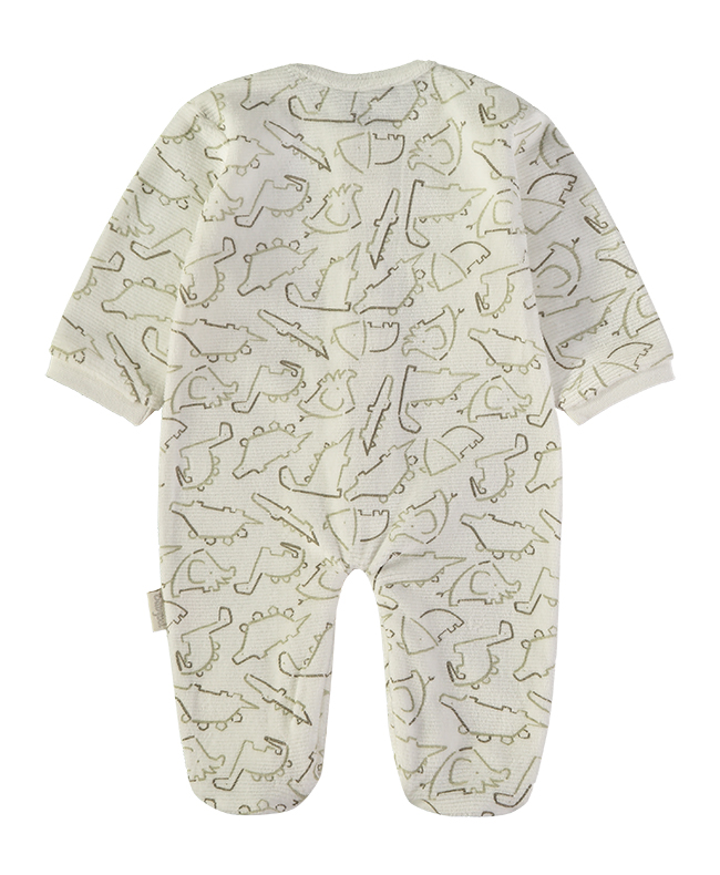 260037-C_000001_2 - Da-Da Kids Cream-colored baby onesie with a playful all-over dinosaur outline pattern, footed design, long sleeves, and soft fabric.