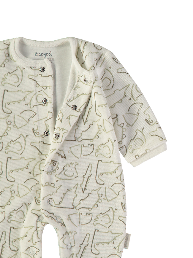 260037-C_000001_3 - Da-Da Kids Cream-colored baby onesie with green dinosaur outlines and snap buttons along the front, long sleeves and feet.