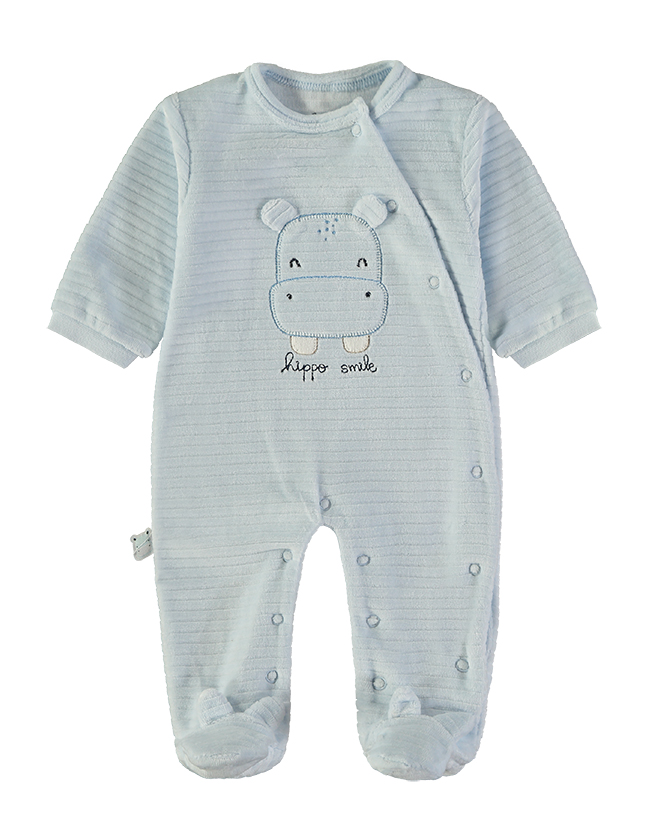 260043-C_000011_1 - Da-Da Kids Light blue baby onesie with footed paws and a hippo face embroidery reading 'hippo smile' on the chest, long sleeves and side-snap closure.