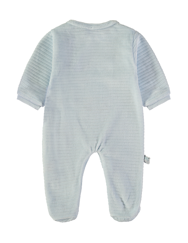 260043-C_000011_2 - Da-Da Kids Back view of a pale blue, footed baby romper with long sleeves and ribbed texture (soft baby clothing).