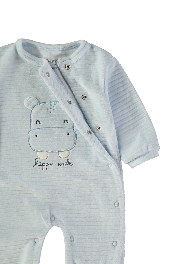 260043-C_000011_3 - Da-Da Kids Light blue baby onesie with hippo face embroidery and snap buttons along the front and leg seams.