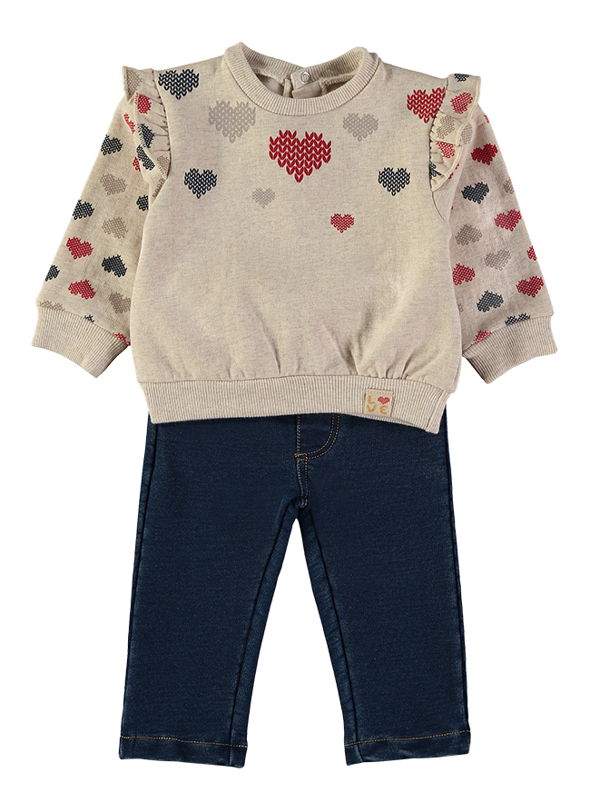 261006_000003_1 - Da-Da Kids Toddler beige knit sweater with multicolored heart patterns and puff sleeves, paired with dark denim jeans.