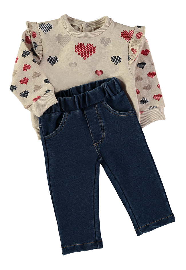 261006_000003_3 - Da-Da Kids Toddler girl outfit: beige heart-pattern sweater with ruffled shoulders and navy denim leggings.