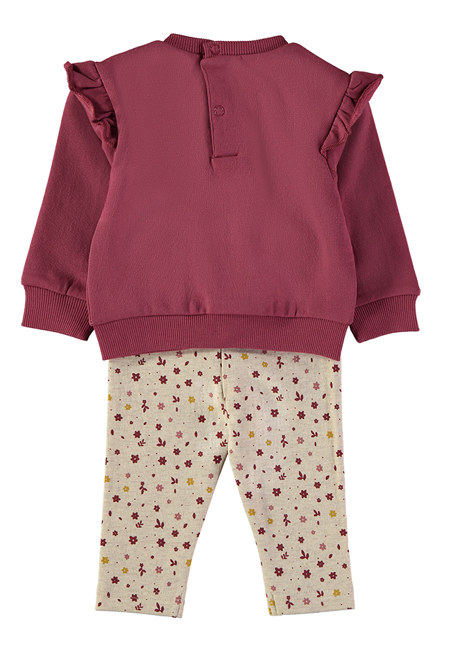 261050_000024_2 - Da-Da Kids Toddler outfit: burgundy pullover with ruffle shoulders paired with cream leggings printed with small burgundy and yellow flowers.