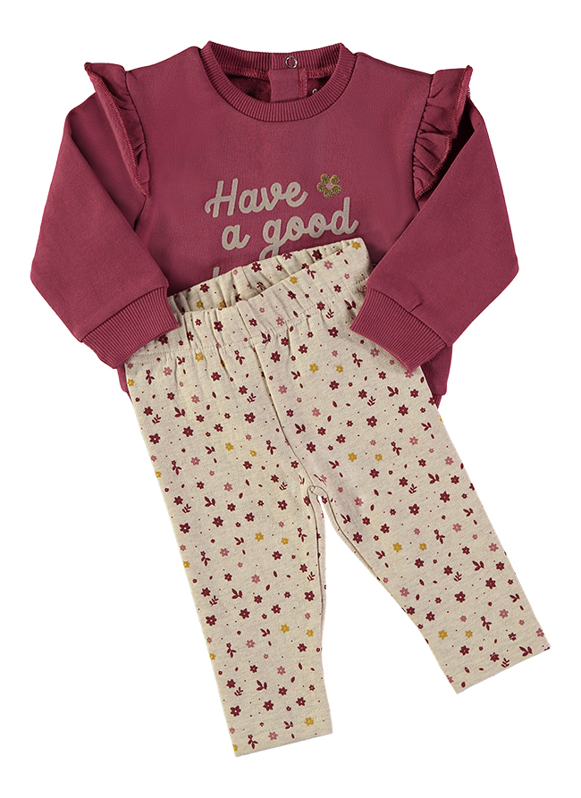 261050_000024_3 - Da-Da Kids Toddler two-piece outfit: burgundy long-sleeve top with ruffled shoulders and cream floral pants; top reads 'Have a good'.