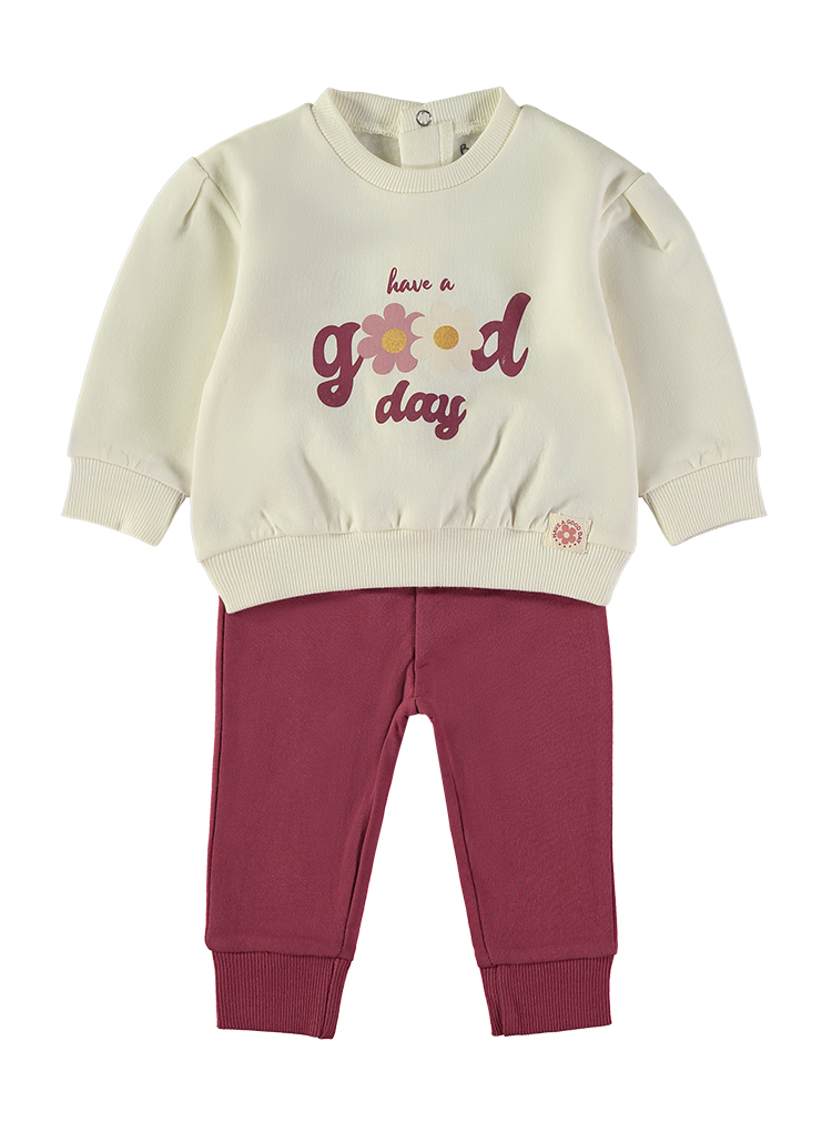 261051_000024_1 - Da-Da Kids Cream-colored kid's sweatshirt with a floral 'have a good day' graphic, worn with burgundy jogger-style pants.