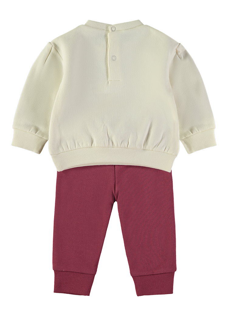 261051_000024_2 - Da-Da Kids Cream knit baby sweater with a short button placket and ribbed hem, paired with burgundy pants for a two-piece infant outfit.