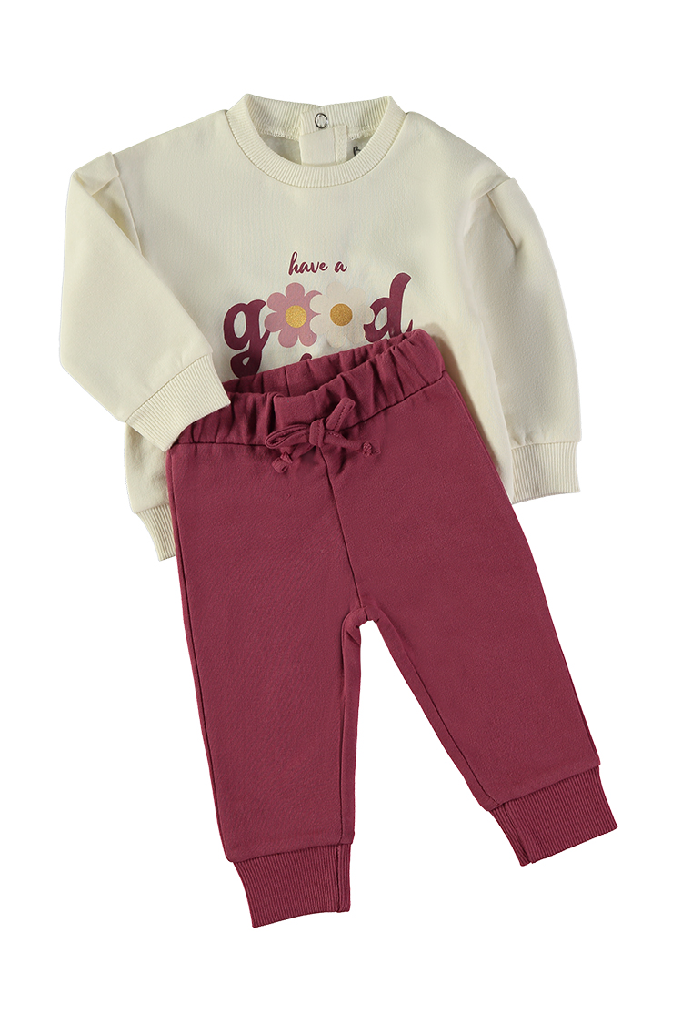 261051_000024_3 - Da-Da Kids Baby outfit: cream sweatshirt with floral 'have a good day' print paired with burgundy jogger pants with a drawstring and ribbed cuffs