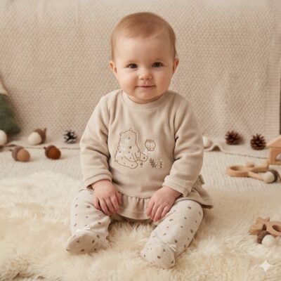 28ba6a6d-b9b3-4ee8-8cdf-f96de1902b98 - Da-Da Kids Toddler sitting on a cream rug, wearing a beige outfit with a bear illustration and dotted leggings, smiling gently at the camera.