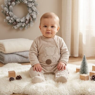 44c6ad6b-085d-4167-a23b-38771984bd70 - Da-Da Kids Baby seated on a fluffy rug in a beige bear-themed onesie, with a holiday wreath in the background.