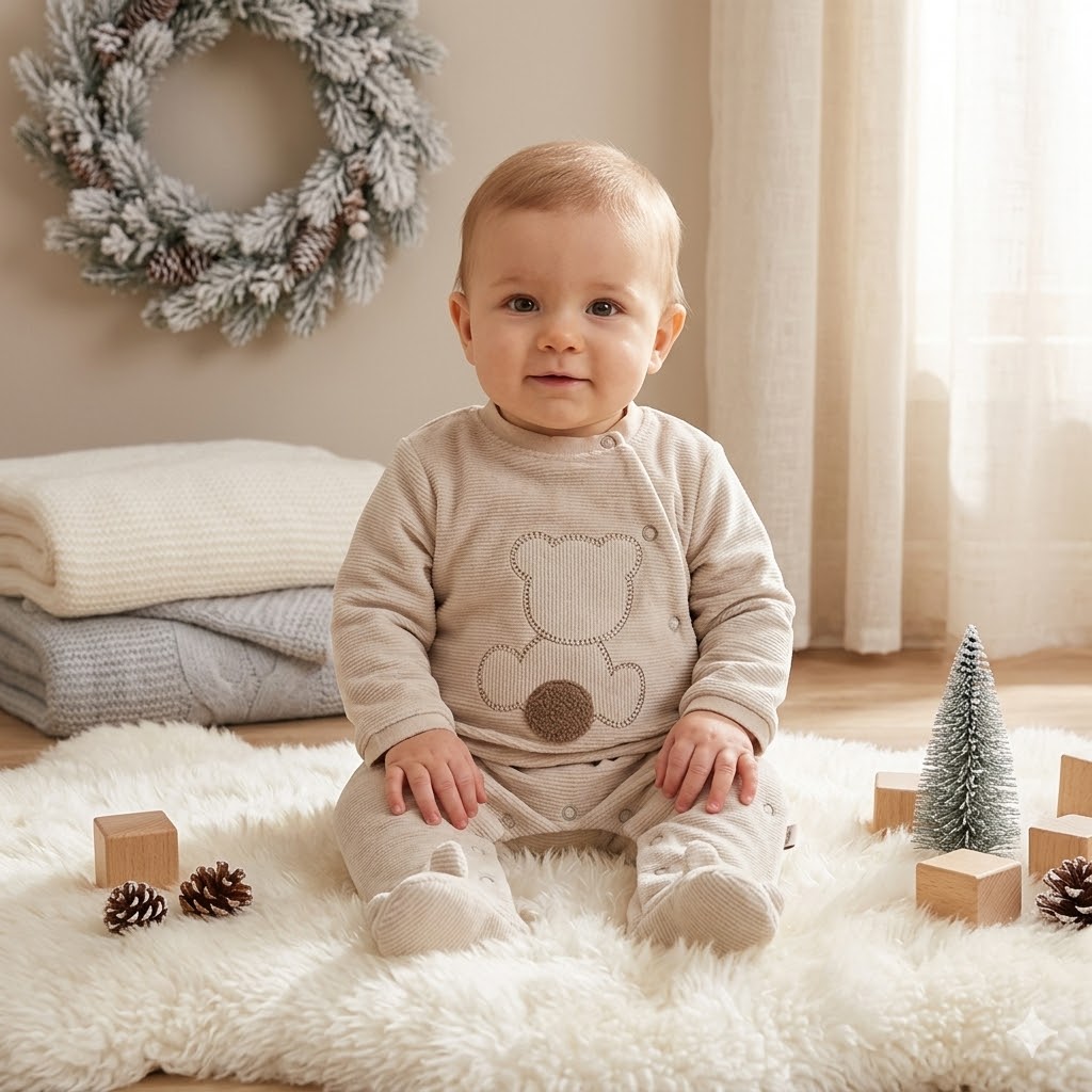 44c6ad6b-085d-4167-a23b-38771984bd70 - Da-Da Kids Baby seated on a fluffy rug in a beige bear-themed onesie, with a holiday wreath in the background.
