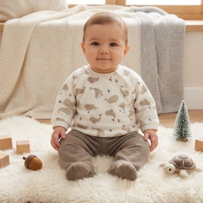 56e981a2-c646-41cc-b3e7-d424fd604f1b - Da-Da Kids Baby seated on a white fluffy rug in a cozy room, surrounded by small wooden blocks and toy turtle and tree figurines.