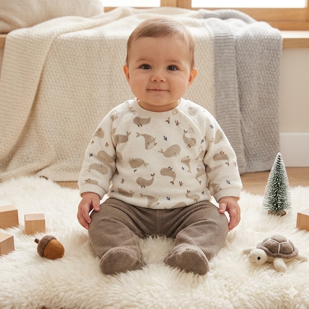 56e981a2-c646-41cc-b3e7-d424fd604f1b - Da-Da Kids Baby seated on a white fluffy rug in a cozy room, surrounded by small wooden blocks and toy turtle and tree figurines.