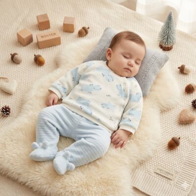 59f4c23b-584b-4235-b524-20c3d88f0150 - Da-Da Kids Infant sleeping on a fluffy cream rug, wearing a white onesie with blue whales and light blue pants, surrounded by small decorative toys and a cozy knit blanket.