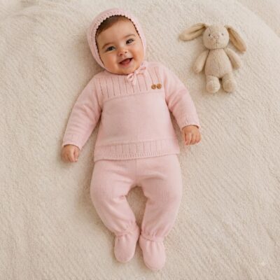 612129d9-8836-44df-9336-dd67ad5cce9b - Da-Da Kids Smiling baby in a pink knit hooded outfit lying on a cream rug with a stuffed bunny nearby