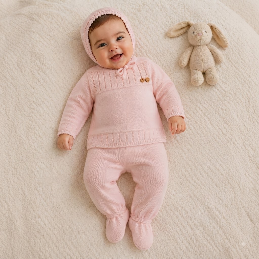 612129d9-8836-44df-9336-dd67ad5cce9b - Da-Da Kids Smiling baby in a pink knit hooded outfit lying on a cream rug with a stuffed bunny nearby