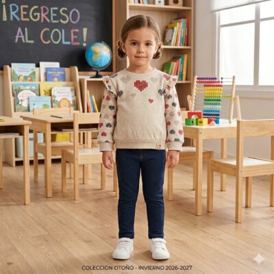 6209b18b-d39a-444e-ab6e-6fe5703c0408 - Da-Da Kids Little girl stands in a bright classroom with wooden furniture and a chalkboard that says '¡REGRESO AL COLE!'.