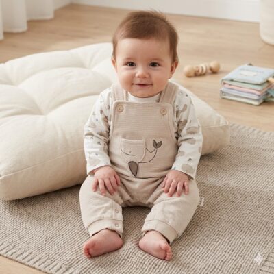 698bf353-eb62-4c6d-9e0b-3132319d6012 - Da-Da Kids Baby sitting on a beige rug indoors, wearing light overalls with a whale design, smiling at the camera.