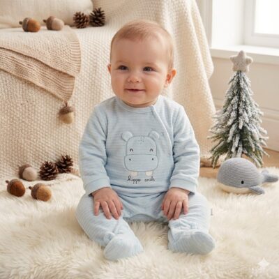 Baby in pale blue hippo-themed pajamas sits on a fluffy cream rug, smiling at the camera in a cozy, neutral-colored room with holiday decor.