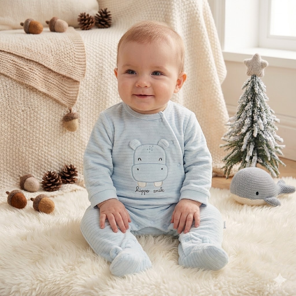 75cbc04e-1e1a-489a-89e0-21c6f0a3ec60 - Da-Da Kids Baby in pale blue hippo-themed pajamas sits on a fluffy cream rug, smiling at the camera in a cozy, neutral-colored room with holiday decor.