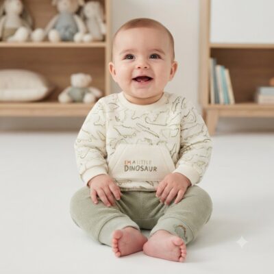 843ca97e-984a-4970-b60d-1d524f4a8eaa - Da-Da Kids Smiling baby sitting on a light floor in a cream dinosaur-print sweater and beige pants, bib reads "I'm a little dinosaur" with soft toys in the background.