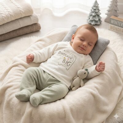 8b2987db-795c-4ff9-a22d-696731b69aad - Da-Da Kids Infant asleep on a plush white blanket with a knitted dinosaur toy at the side in a cozy nursery scene.