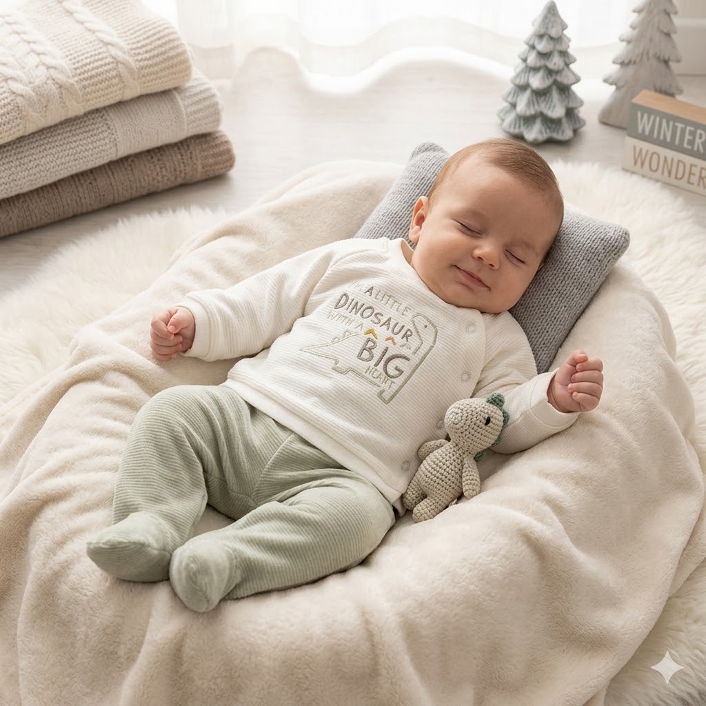 8b2987db-795c-4ff9-a22d-696731b69aad - Da-Da Kids Infant asleep on a plush white blanket with a knitted dinosaur toy at the side in a cozy nursery scene.