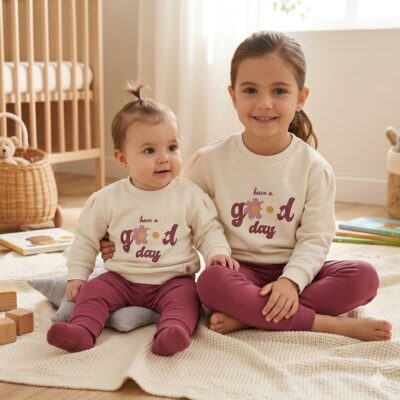 8d89f025-f16c-4067-8bf3-3108cca2a6ca - Da-Da Kids Two siblings sit on a rug in a nursery, wearing matching cream sweatshirts that say 'have a good day' with a flower.