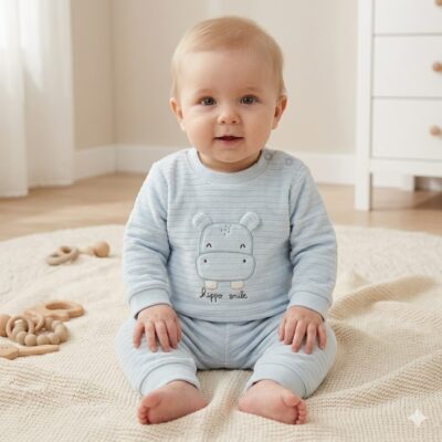 970c283f-0619-4b5a-be91-1290251c6143 - Da-Da Kids Baby in light blue pajamas with a hippo graphic sits on a cream rug, looking at the camera.