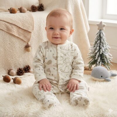 Baby sits on a fluffy white rug in a beige cozy room with pinecones, a knitted blanket, and a small frosted Christmas tree.