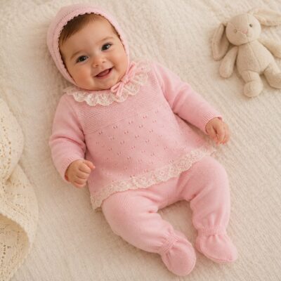 Smiling baby in a pink knitted outfit and bonnet lying on a cream blanket beside a beige stuffed bunny.