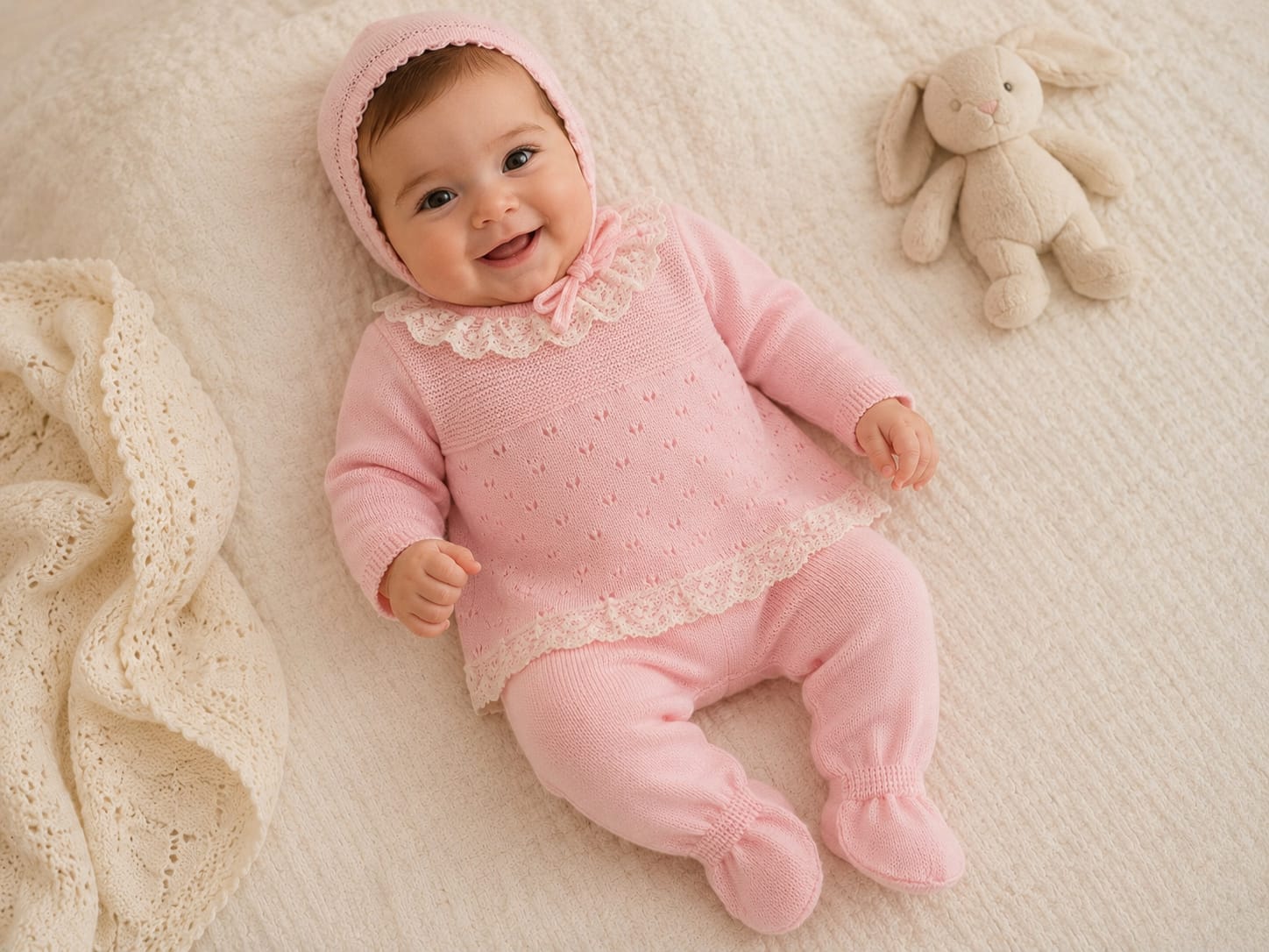 WhatsApp Image 2026-08-13 at 103918 1 - Da-Da Kids Smiling baby in a pink knitted outfit and bonnet lying on a cream blanket beside a beige stuffed bunny.