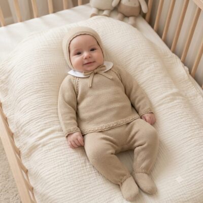 WhatsApp Image 2026-08-21 at 171715 1 - Da-Da Kids Smiling baby in beige knitted outfit and bonnet lying in a cream crib blanket.